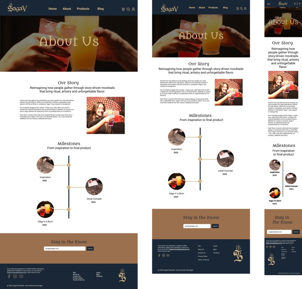 High-fidelity desktop, table, and mobile About Us page wireframes. Each features a hero image section,  opening paragraph, a milestones section, and email newsletter signup.