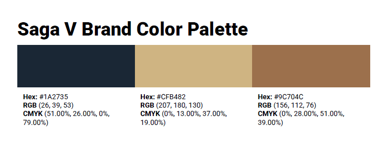 Saga V Brand Color Palette with Dark Navy, Gold, and Copper. 