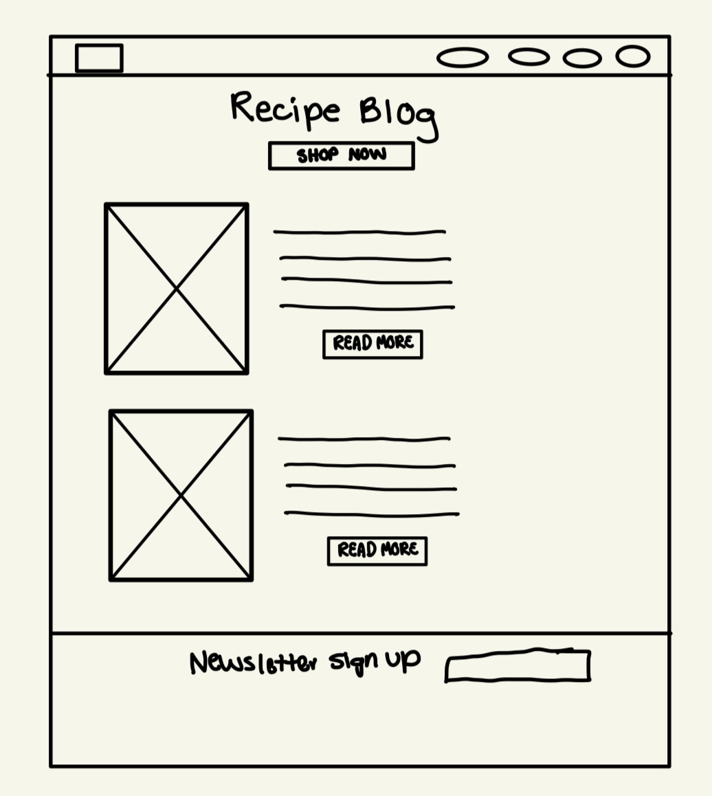 Recipe Blog page concept sketch featuring a large hero section with a CTA button, recipe section, and email newsletter signup. 