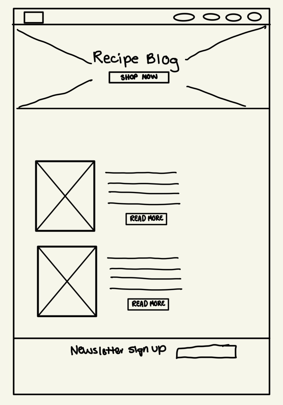 Recipe Blog page concept sketch featuring a large heading, a CTA button, a recipe section, and an email newsletter signup.