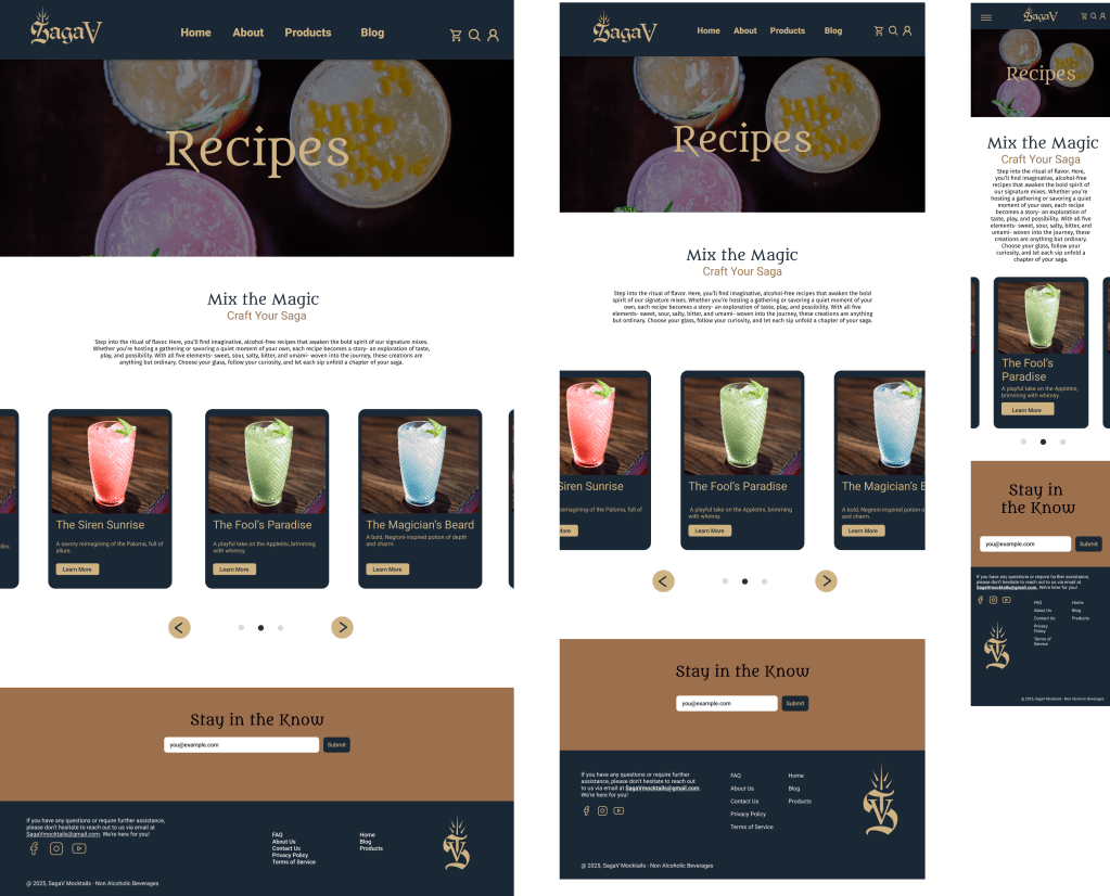 High-fidelity desktop, table, and mobile wireframes for the Recipe Blog page. Each layout features a hero image, opening paragraph, recipe card carousel, and email signup.