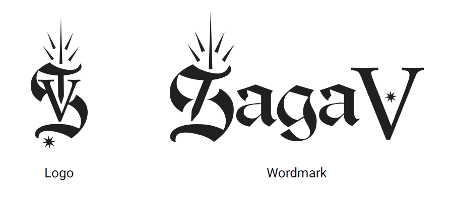 The Saga V Logo and Wordmark: black, serif font with starbursts on a white background.